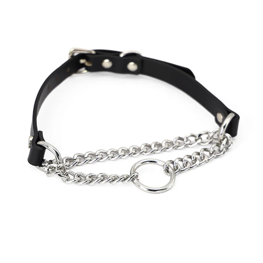Black leather bondage collar and leash set with hand grip rope section