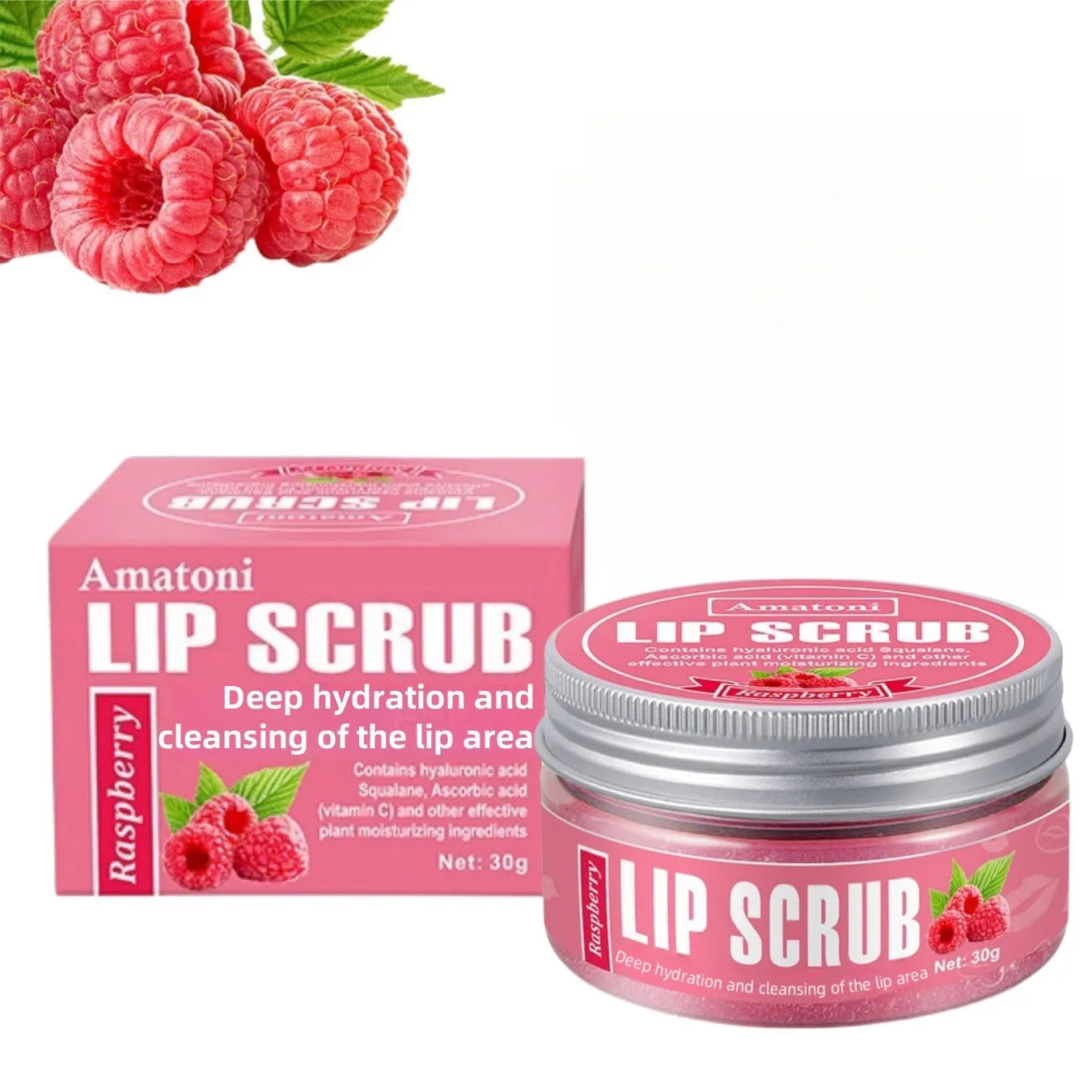 Amatoni fruit flavour lip scrub cream in 30g packaging for exfoliating and moisturising lips.