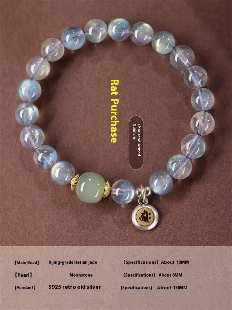 Moonstone crystal women's bracelet with 8mm Thousand-Hand Kwan-yin mouse zodiac charm