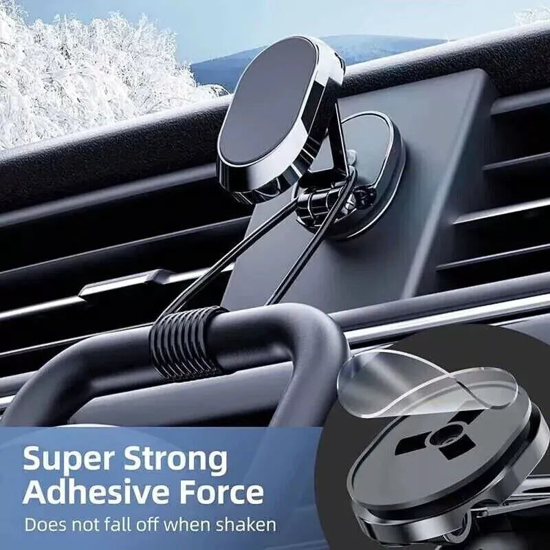 Chrome magnetic car phone holder with foldable bracket on a dashboard