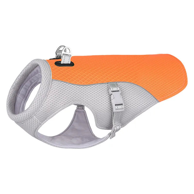 Orange polyester dog cooling vest showing layered construction for summer heat and sun protection.
