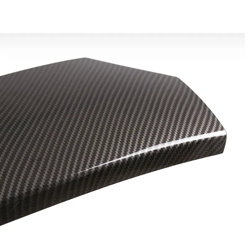 Three ABS protective covers with carbon fibre pattern for car armrest box, showing dimensions and buckle installation