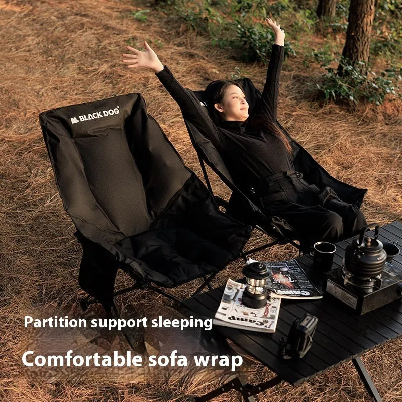 Night Black portable folding moon chair with Oxford cloth upholstery set up outdoors