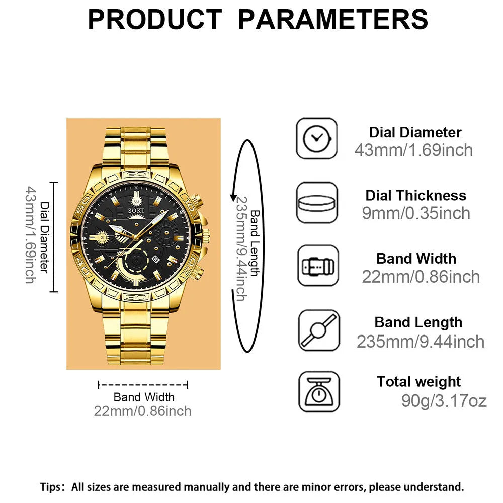 Gold-colour men's business quartz watch with stainless steel strap on wrist.