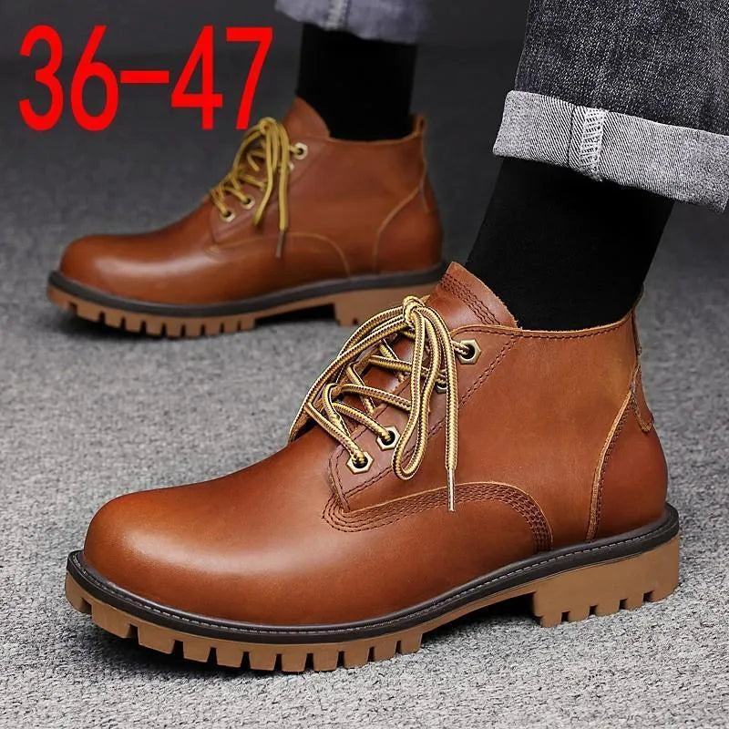 Brown first layer cowhide leather Martin boots with round toe and front lace-up closure