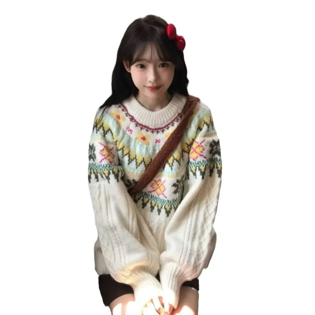 Women's milky white lantern sleeve loose Mori knitwear pullover sweater on hanger