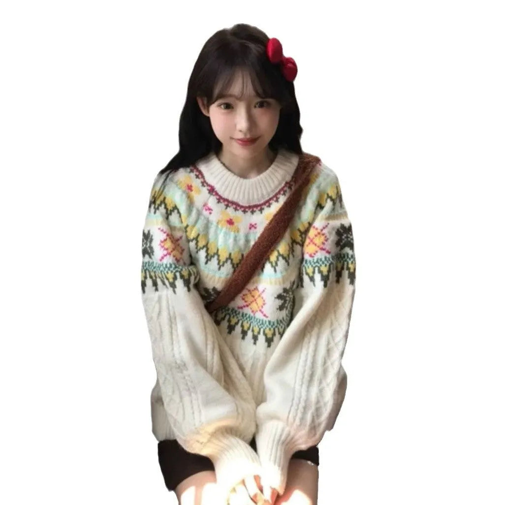 Women's milky white lantern sleeve loose Mori knitwear pullover sweater on hanger