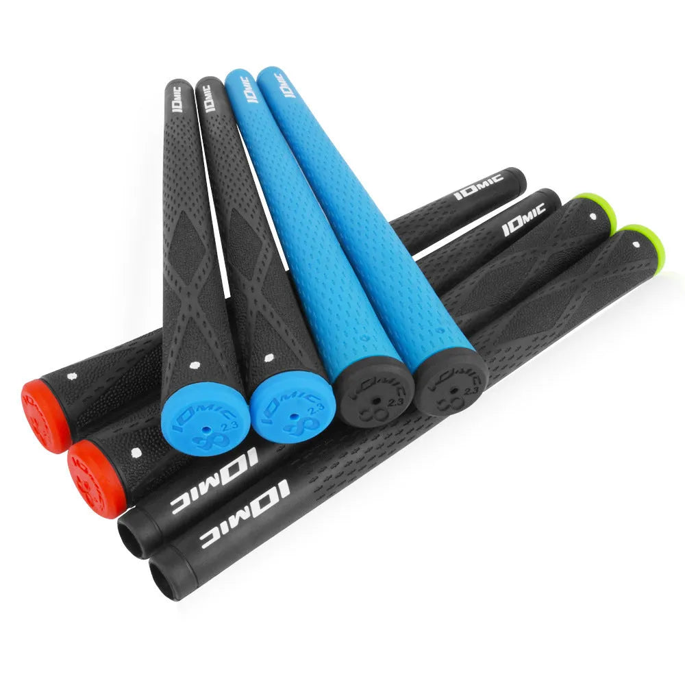 TPE golf grip in multiple colours including pink, blue, and black with red head on a club shaft