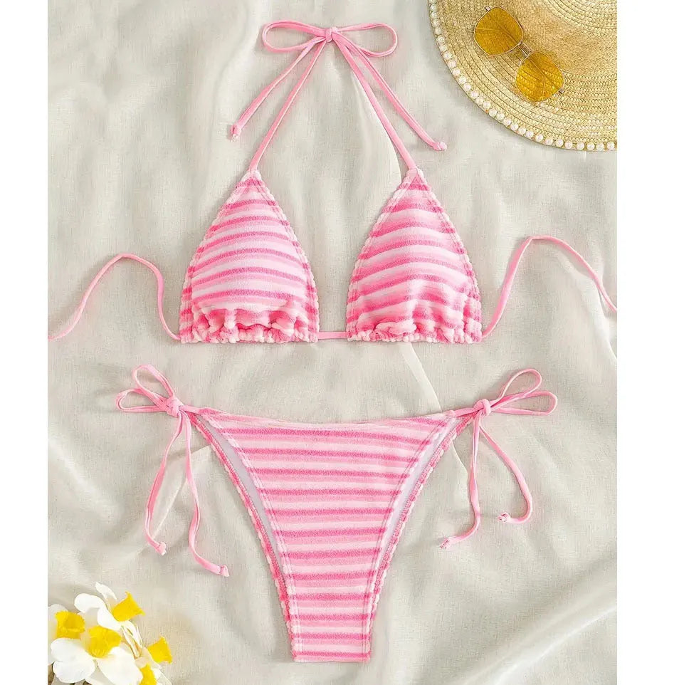 Women's camouflage halter bikini two-piece set in solid colour with adjustable ties, size range XS to 5XL
