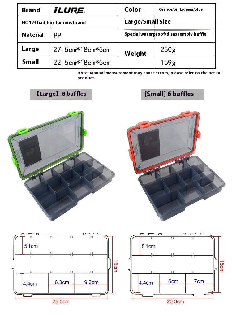 Waterproof plastic fishing lure storage box in blue, shown with internal compartments.