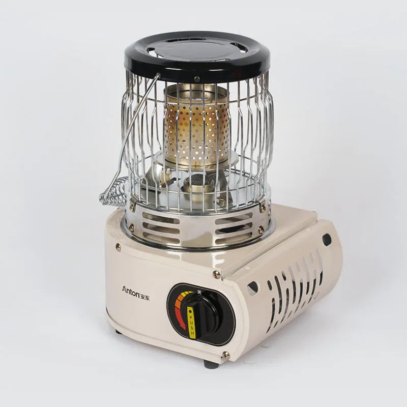 Multifunctional outdoor camping stove heater in army green with gas canister connection point