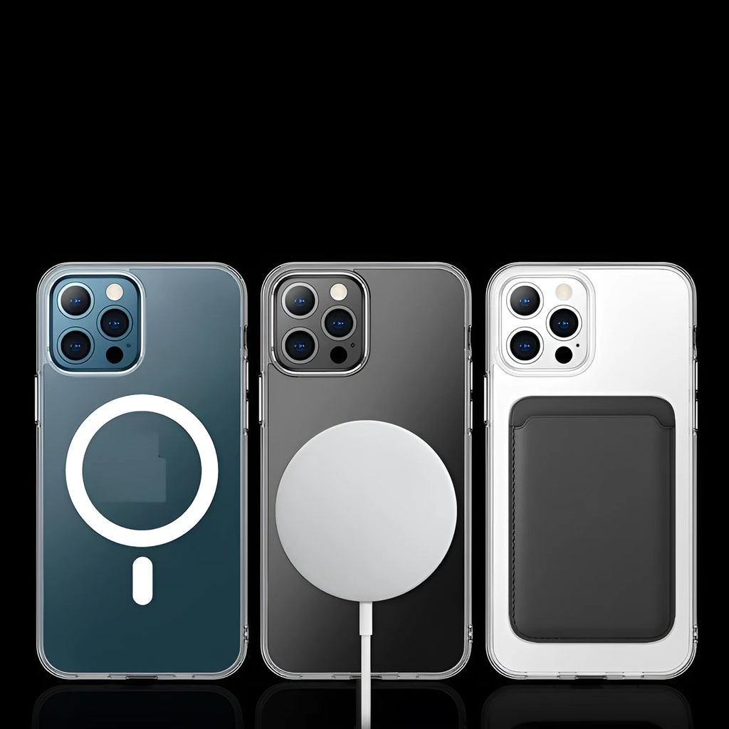 Transparent magnetic hard case for iPhone showing Magsafe ring alignment on clear polycarbonate back.