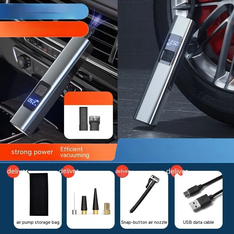 Wireless digital display car air pump and vacuum cleaner with emergency light functions.