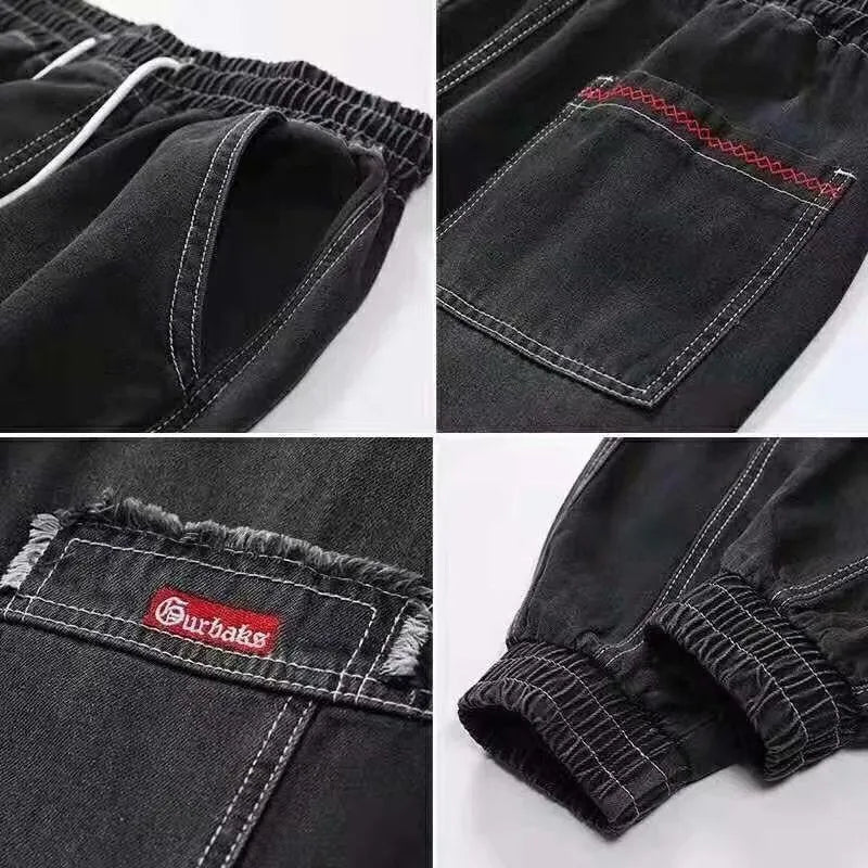 Plus size wide leg harem casual pants for men in black denim with tie closure mid-waist