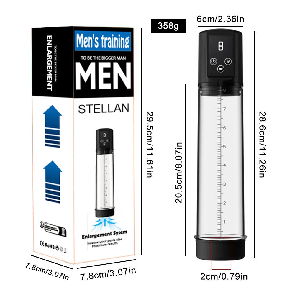 Electric pump unit for a male training masturbation device made from black ABS and TPE materials.