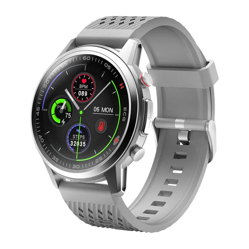 F800 black ECG blood pressure sports smart watch with 1.3 inch screen and TPU strap.