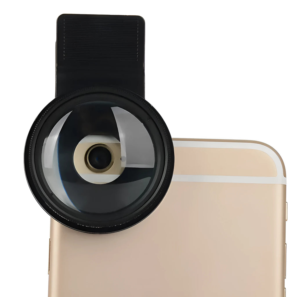 Smartphone macro lens with aluminium frame and universal clip for close-up photography