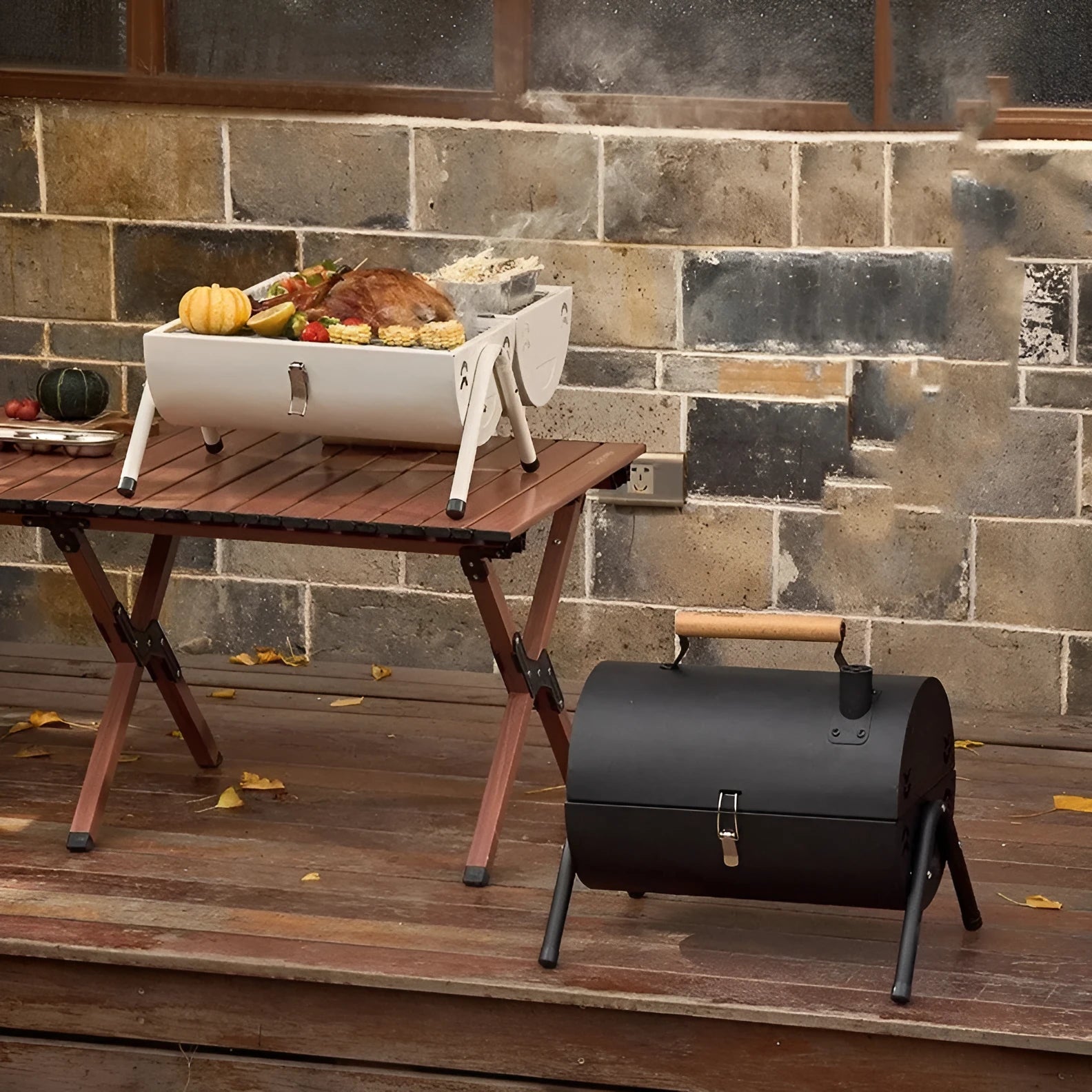 White round portable charcoal grill with foldable design for outdoor frying and baking.