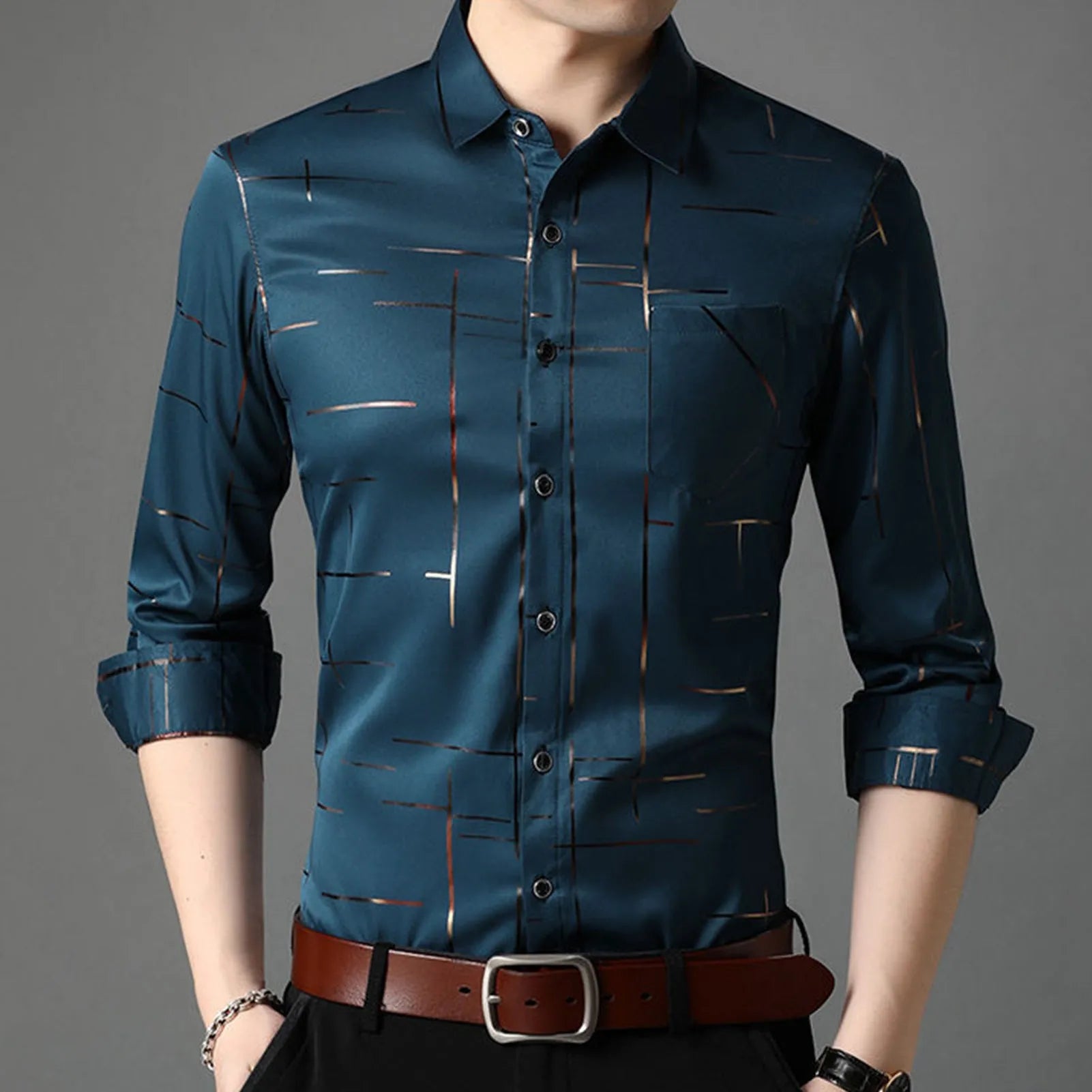 Slim fit men's shirt dress with gold stripe printing, long sleeves, and lapel collar in blue