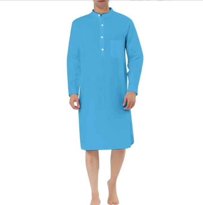 Men's cotton shirt robe in a shirt style with front pockets, shown in multiple colour options