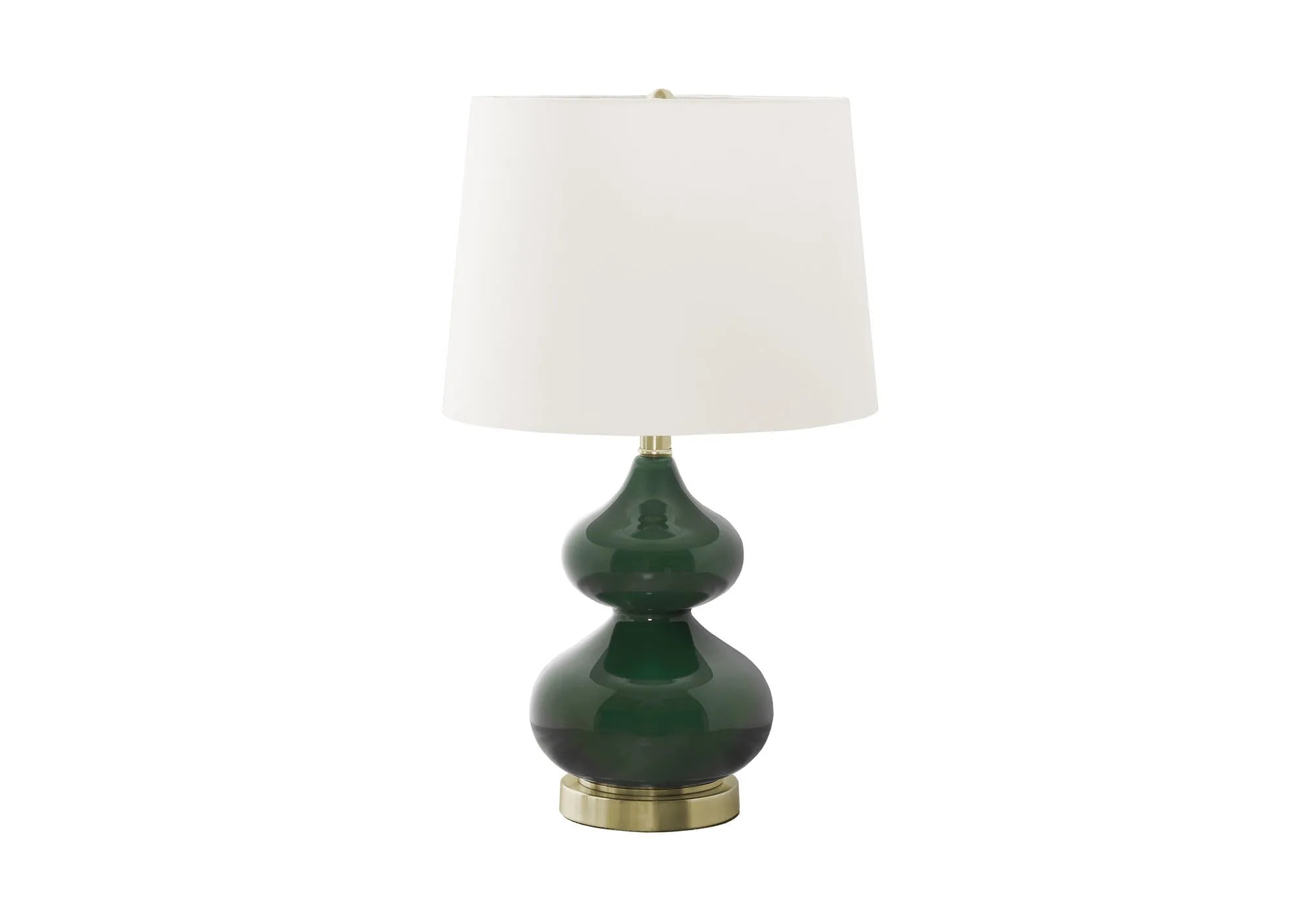 Tall crystal glass desk lamp with a blue cloth shade on a wooden desk.