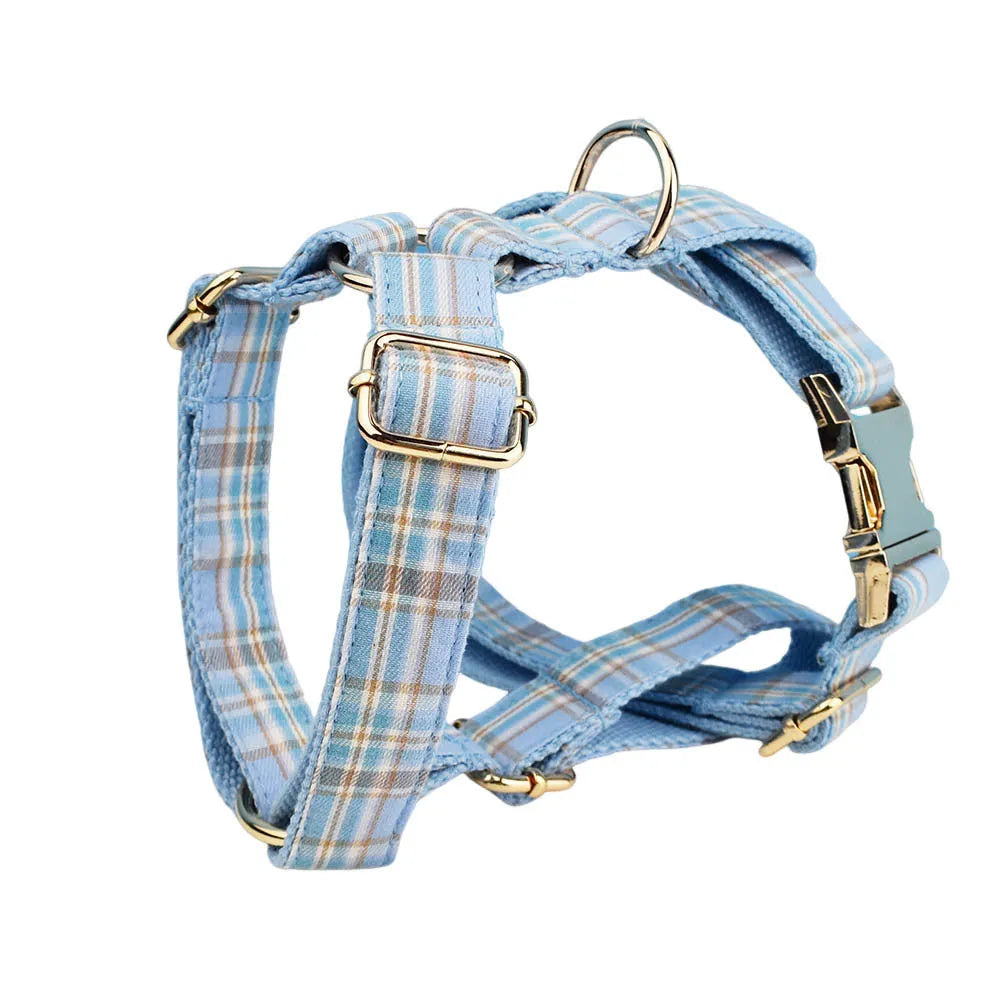Sky blue grid pattern dog collar and leash set with matching vest and decorative bow