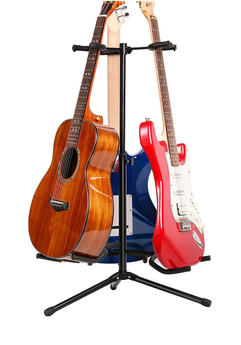 Black vertical double-headed adjustable guitar stand holding two guitars.