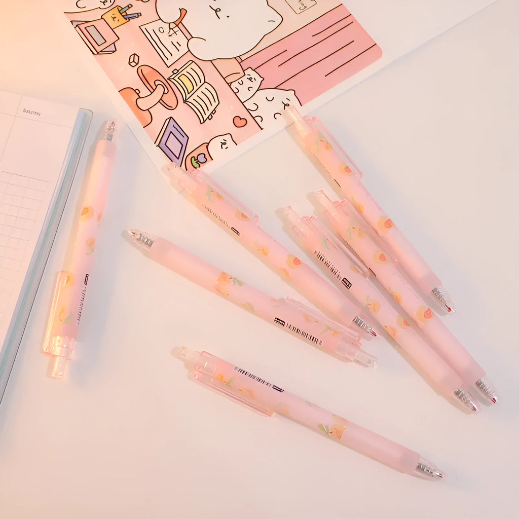 Kawaii Peach press gel pen with plastic shell, 14cm length, and gel ink rollerball tip