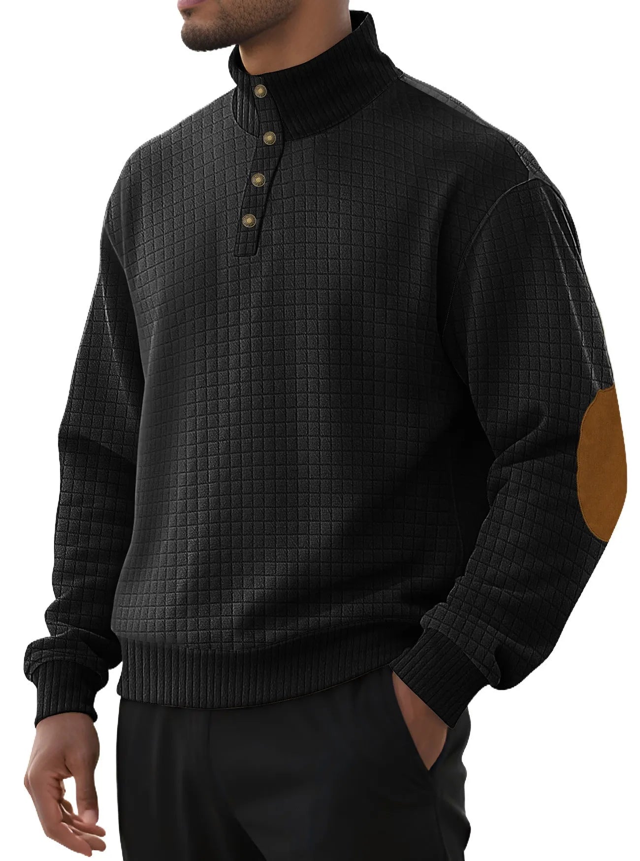Men's casual jacquard small plaid stand collar long-sleeved sweater in khaki, polyester blend, full front view