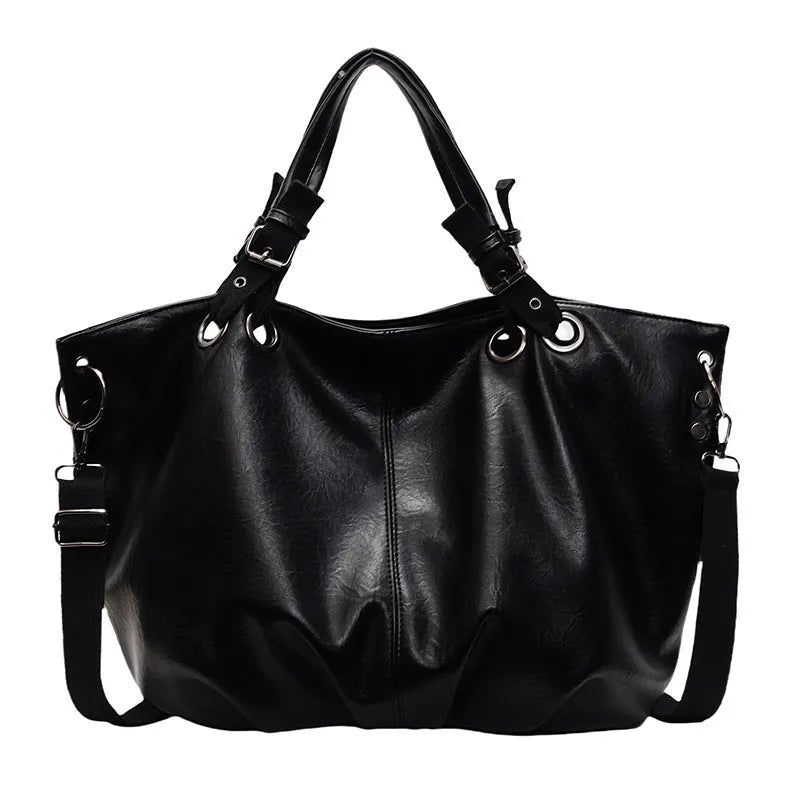 Solid colour women's PU tote bag with one-shoulder design and sandwich pockets