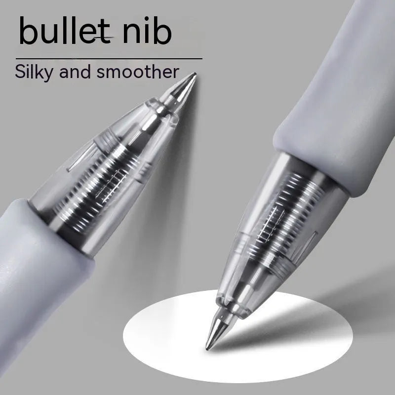 A neutral-colour plastic gel pen with a 0.5mm fine point, shown with black, blue, and red ink options.