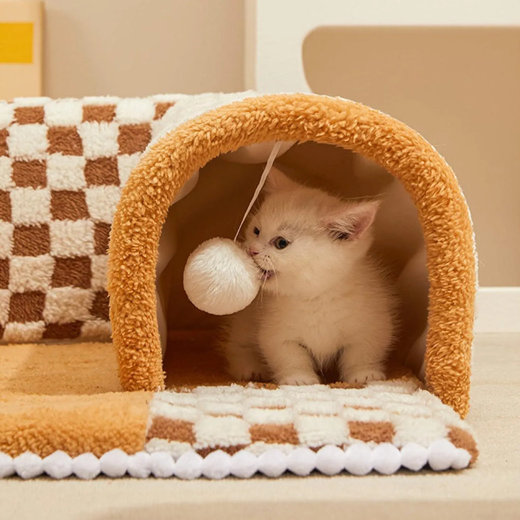 Large XL fan-shaped plush pet bed with a tunnel, in yellow plaid fabric with an anti-slip base.