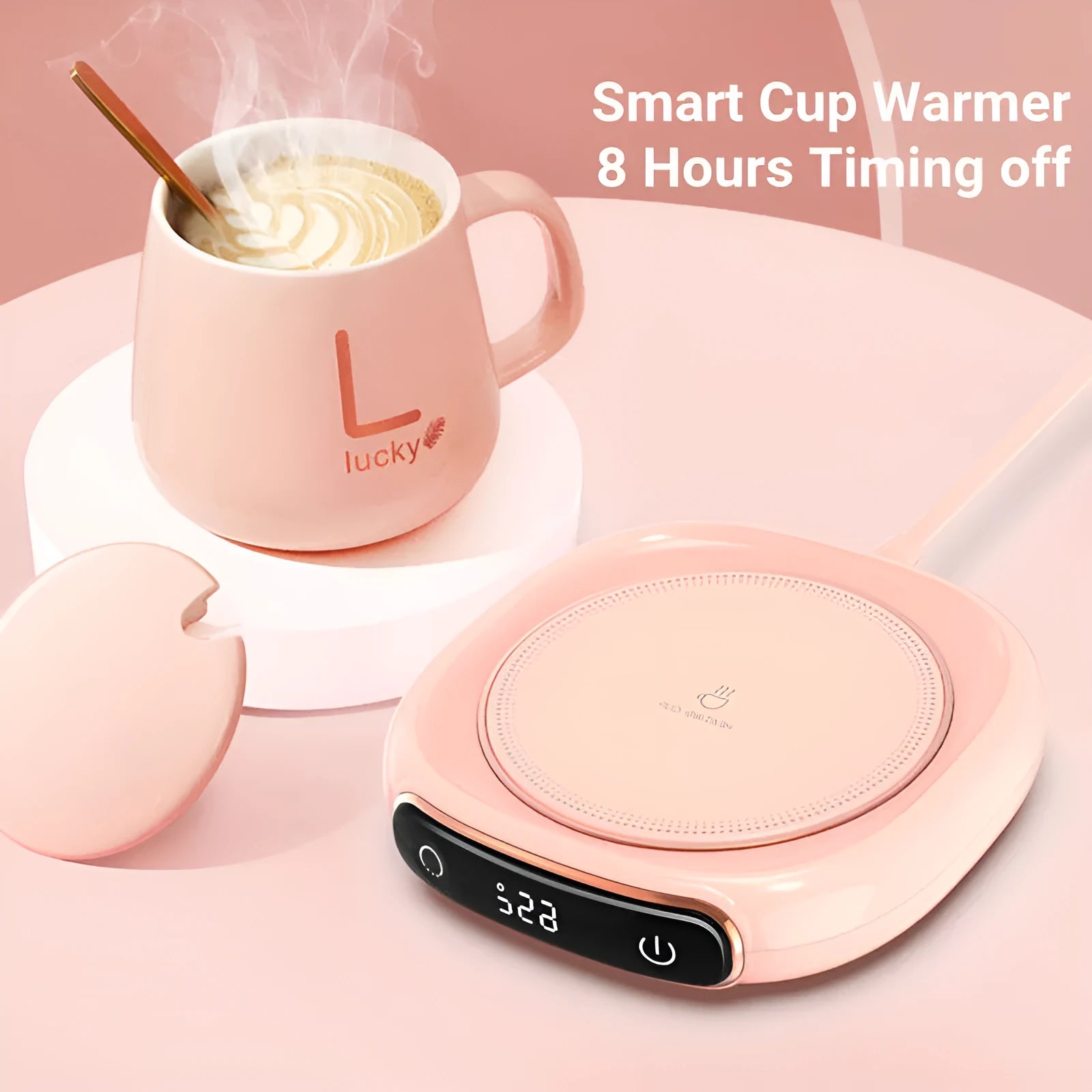 USB-powered white coffee mug warmer plate on desk keeping drink warm