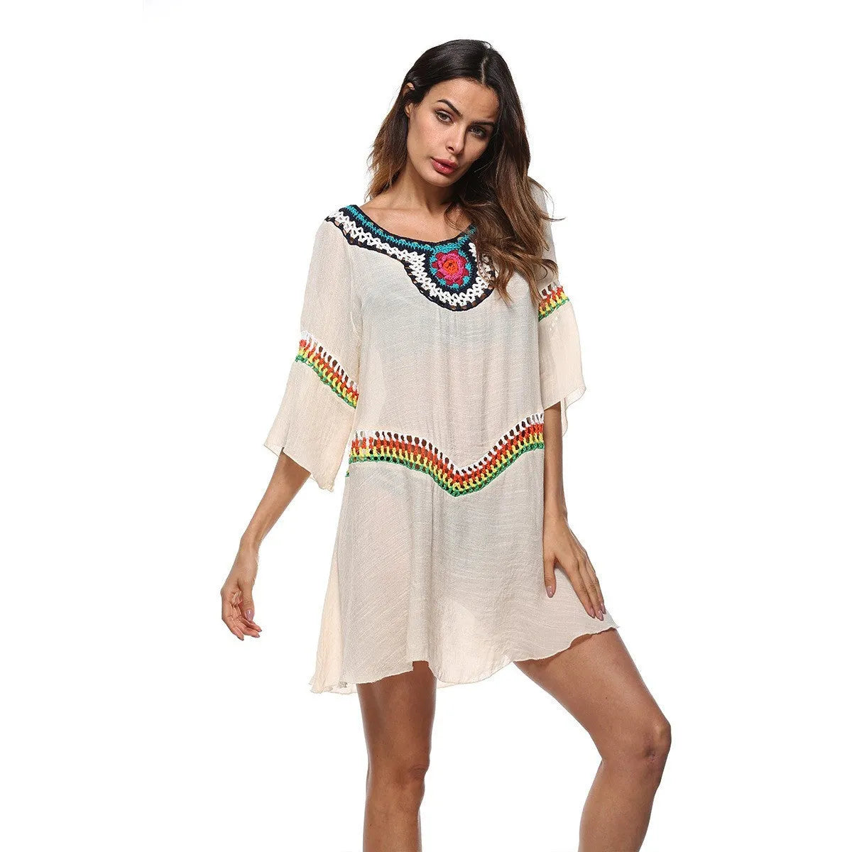 Ethnic style crochet sun protection dress for women in apricot colour, suitable as a beach cover-up.