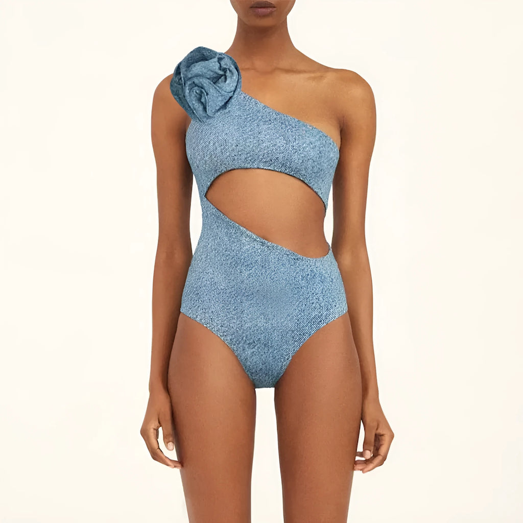 Women's one-shoulder hollow soft Cowboy Siamese one-piece swimsuit on a model