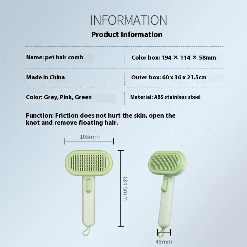 Large pet grooming comb in light grey with stainless steel blades and a one-click cleaning button