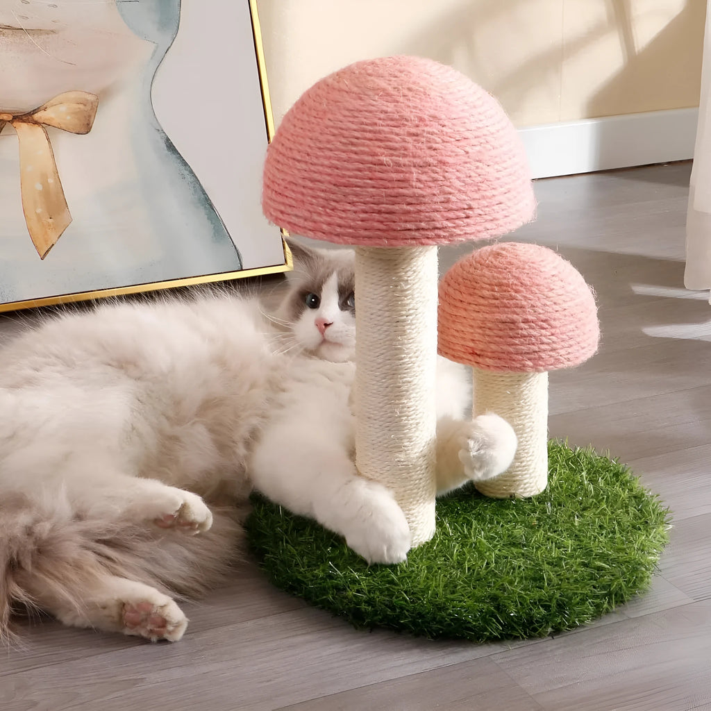 Pink mushroom-shaped cat scratching post with natural sisal caps and pole for small indoor cats