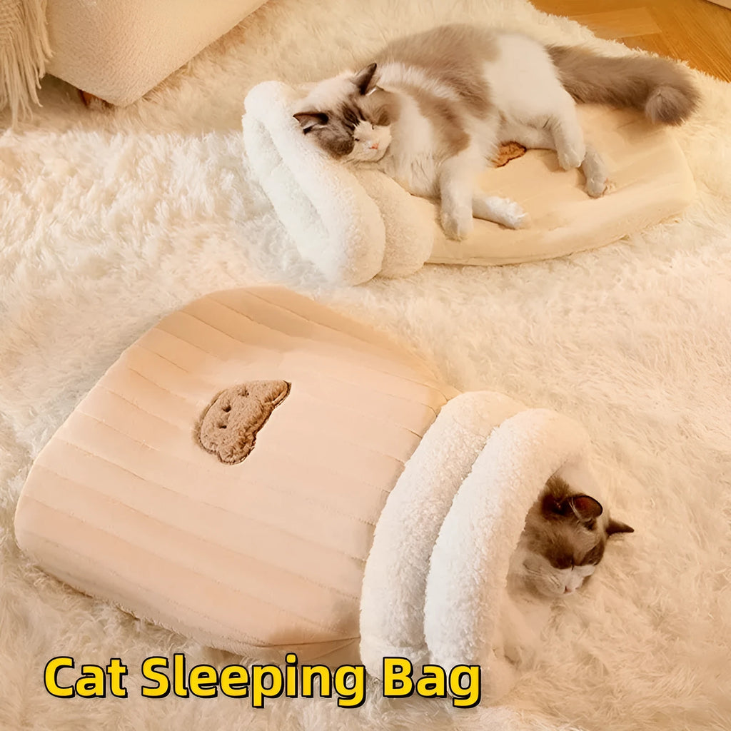 Cat sleeping bag nest with fleece fabric exterior and bear pattern in light brown colour