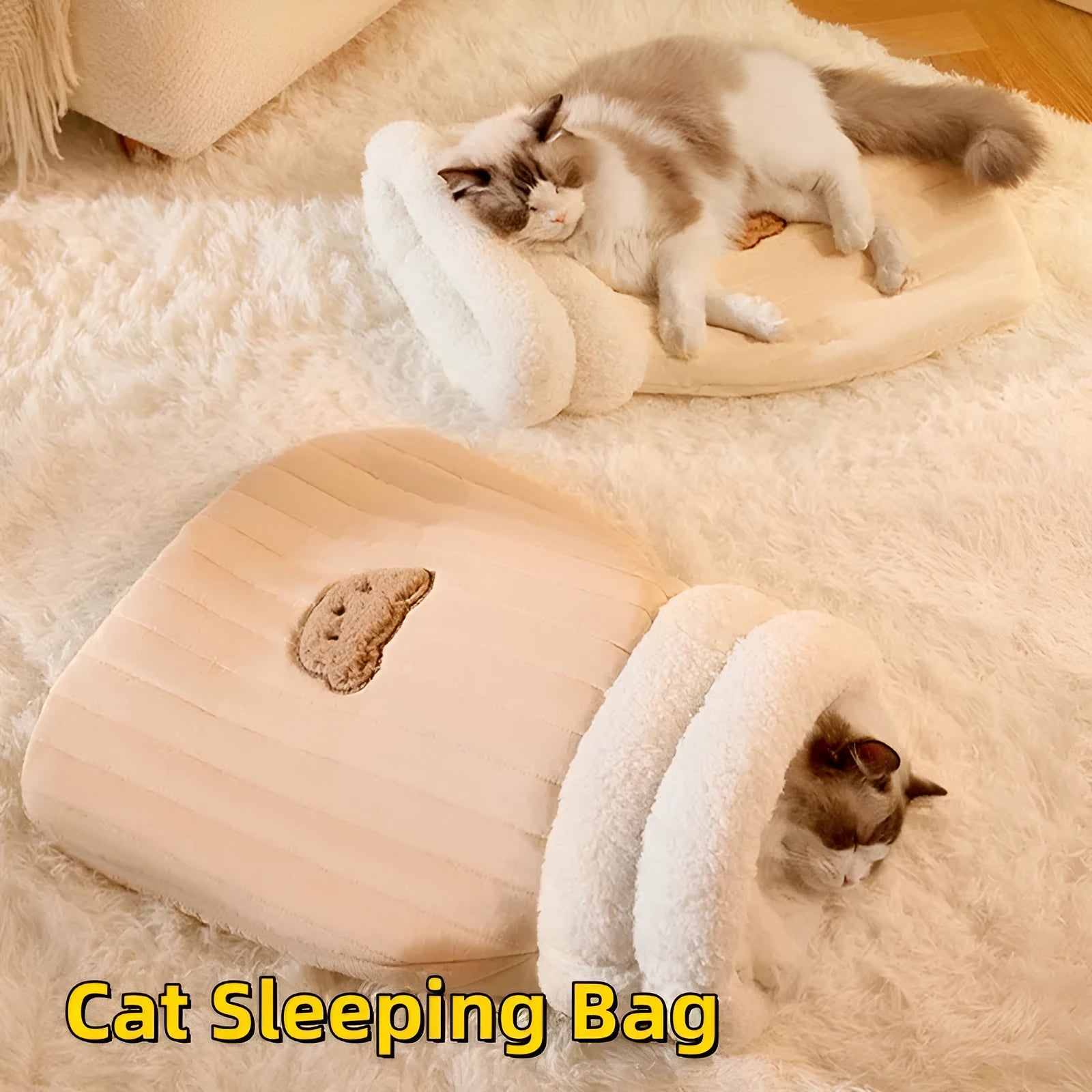 Cat sleeping bag nest with fleece fabric exterior and bear pattern in light brown colour