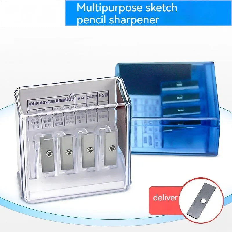 Geometric plastic pencil sharpener with four different sized sharpening holes.