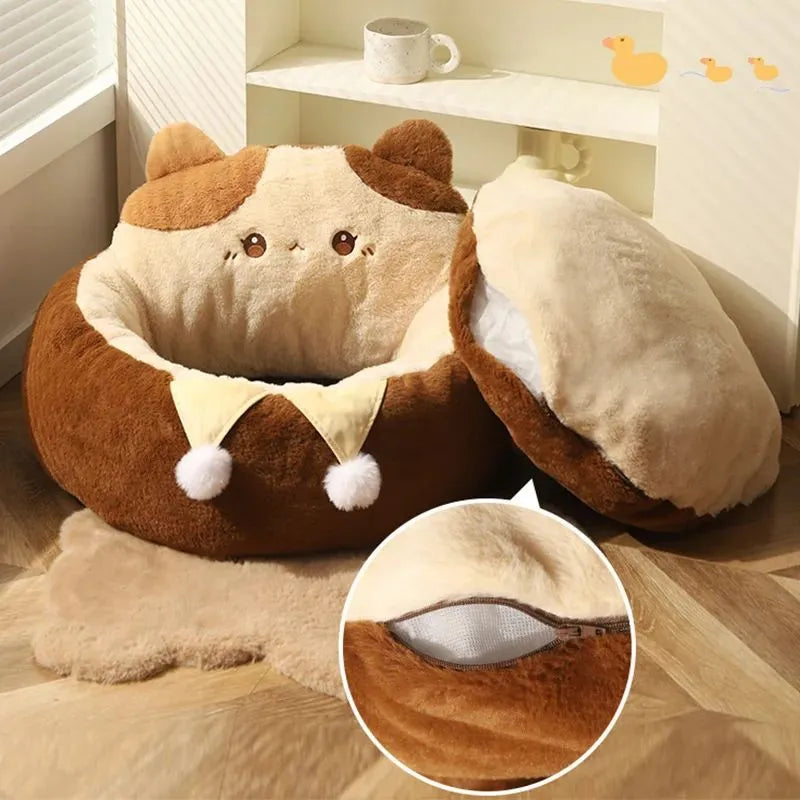 Round grey pet bed with deep cushion filled with PP cotton for cats and dogs