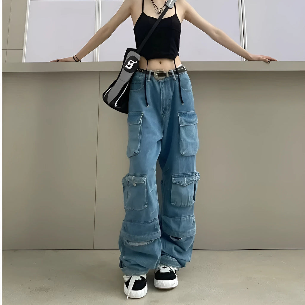 Women's high waist wide leg tie-dyed jeans with multi-pocket street hipster styling in cotton denim