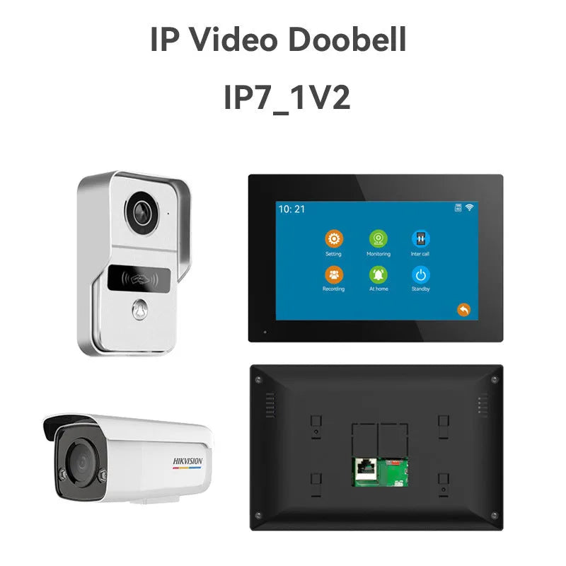 Video intercom doorbell system with outdoor unit and indoor display showing 1080P camera feed