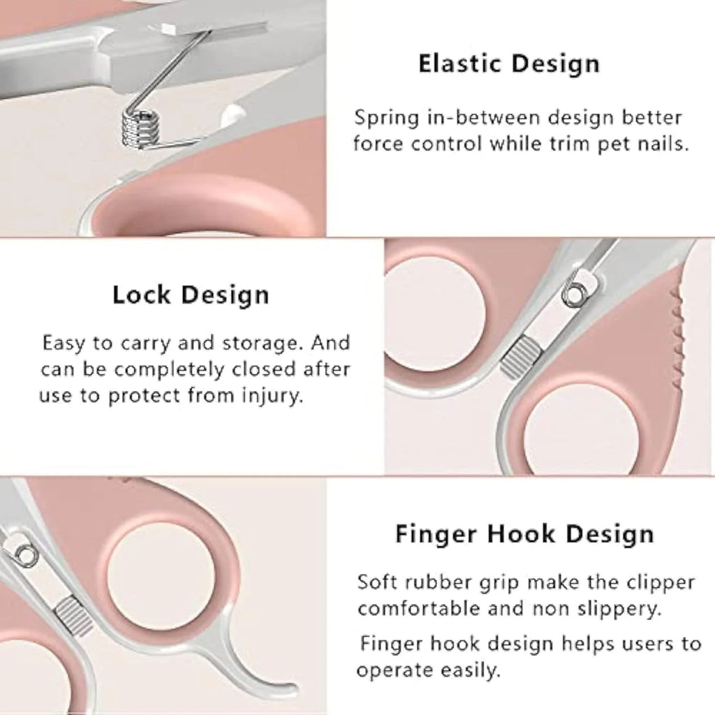 Grey and pink cat nail clippers with a safety guard and angled stainless steel blade.