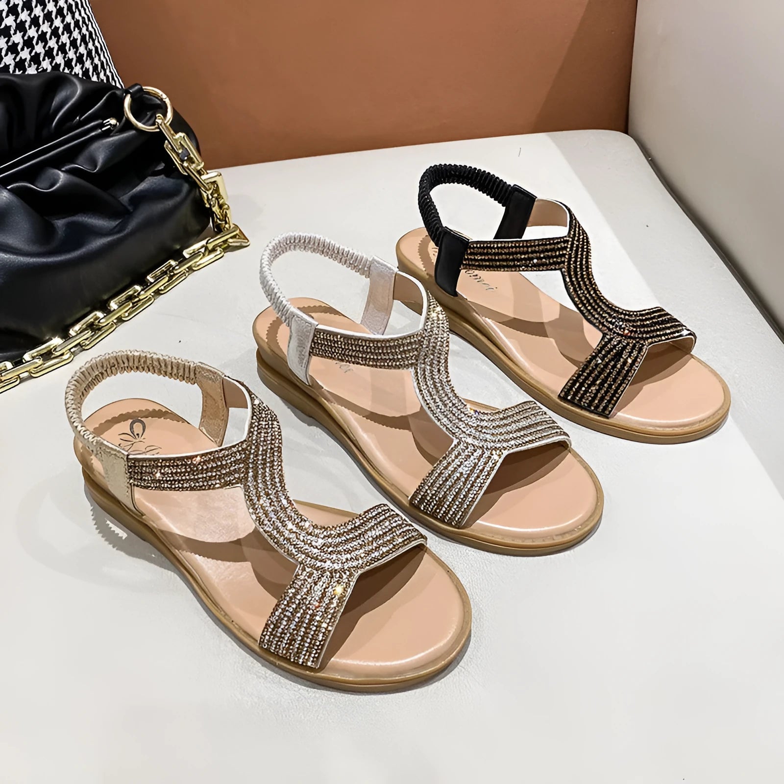 Women's gold PU patent leather beach sandals with rhinestone detail and non-slip sole.