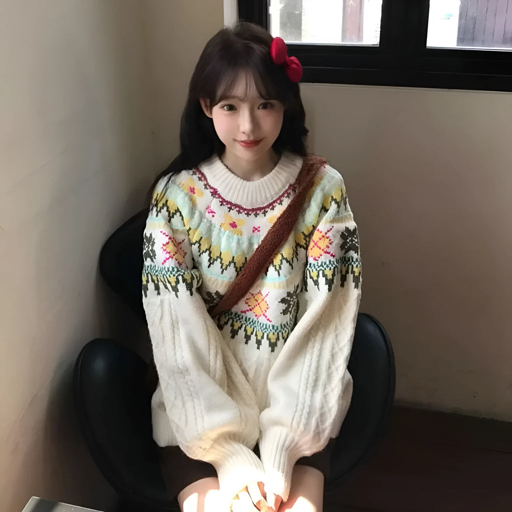 Women's milky white lantern sleeve loose Mori knitwear pullover sweater on hanger