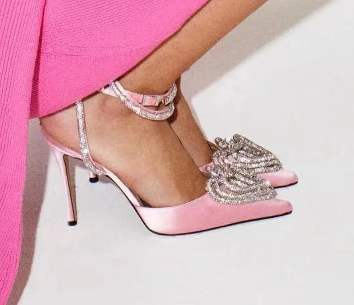 Women's pointed-toe satin sandals with heart-shaped rhinestone decoration and cross-strap design