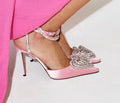 Women's pointed-toe satin sandals with heart-shaped rhinestone decoration and cross-strap design
