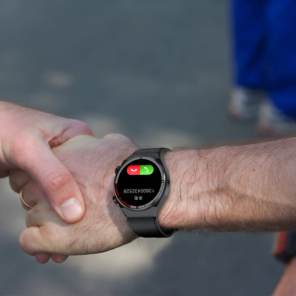 Smartwatch with rotary key, leather strap, and a 1.3-inch display showing call interface.
