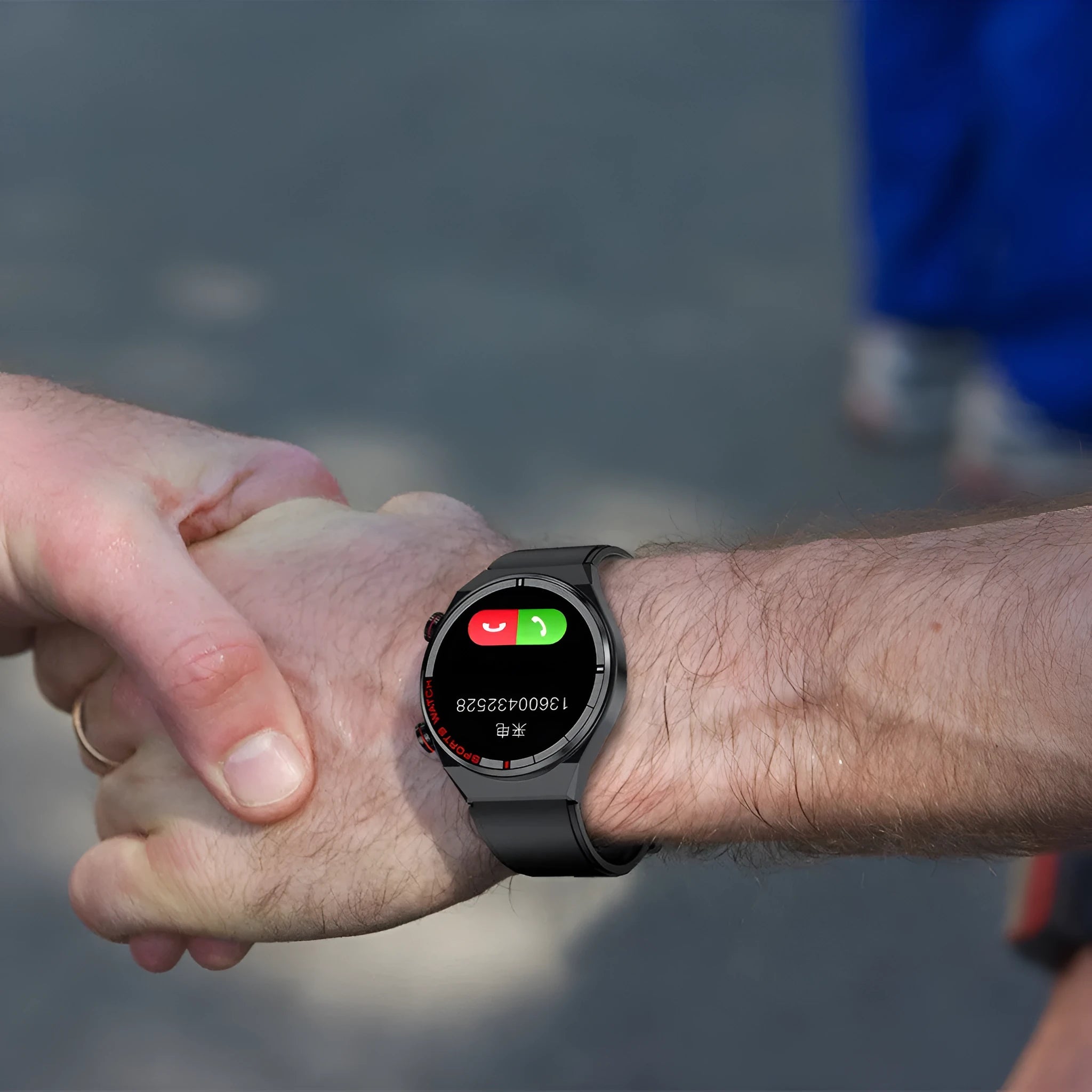 Smartwatch with rotary key, leather strap, and a 1.3-inch display showing call interface.